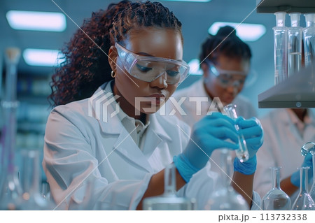 Female scientist working in a laboratory holding test tube, taking a mixed liquid from a flask. Woman wearing a white lab coat and safety glasses making medical experiment. Science technology project Female scientist working in a laboratory holding test tube, taking a mixed liquid from a flask. Woman wearing a white lab coat and safety glasses making medical experiment. Science technology project 113732338
