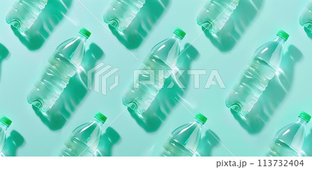 Plastic water bottle pattern on green background. Healthy lifestyle. Pollution, environmental protection concept. Global water crisis. Minimal wide banner. Plastics garbage problem recycling. Top view 113732404