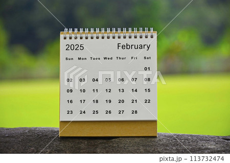 February 2025 white calendar with green blurred background. New year concept. 113732474