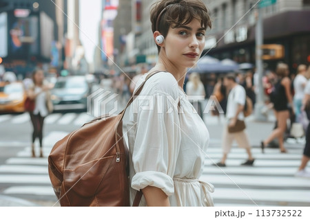 Portrait of a pretty young short-haired woman with white earphones crossing the street, looking sideways. Lovely girl with stylish haircut wearing white cloth, brown leather bag walking on city street Portrait of a pretty young short-haired woman with white earphones crossing the street, looking sideways. Lovely girl with stylish haircut wearing white cloth, brown leather bag walking on city street 113732522