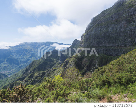 View of green hills, mountain landscape in clouds at blue sky. and lush vegetation at hiking trail PR12 to Pico Grande one of the highest peaks in the Madeira, Portugal 113732578