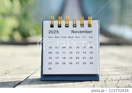 November 2025 white calendar with green blurred background. New year concept. 113732816