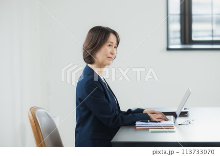 ノートパソコンで仕事をするミドルビジネスウーマン　 113733070