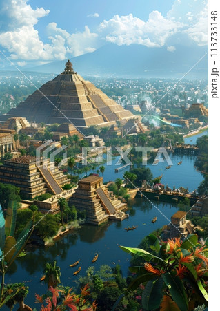 A beautiful digital painting of a vast and ancient Mesoamerican city, with towering pyramids, temples, and plazas. The city is surrounded by lush jungle and mountains. A beautiful digital painting of a vast and ancient Mesoamerican city, with towering pyramids, temples, and plazas. The city is surrounded by lush jungle and mountains. 113733148