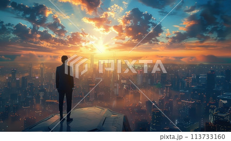 A businessman standing on a rooftop overlooking a futuristic city. A businessman standing on a rooftop overlooking a futuristic city. 113733160