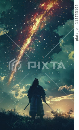 A samurai stands in a field, looking up at a shooting star. 113733196