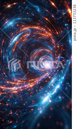 Blue and orange glowing particles form a wormhole. 113733236