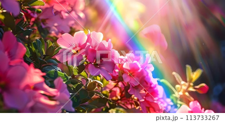 Stunning Image Pink Blossoms Thrive Beneath Rainbow and Illuminated Sky 113733267