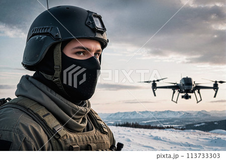 military man in uniform against the background of a drone 113733303