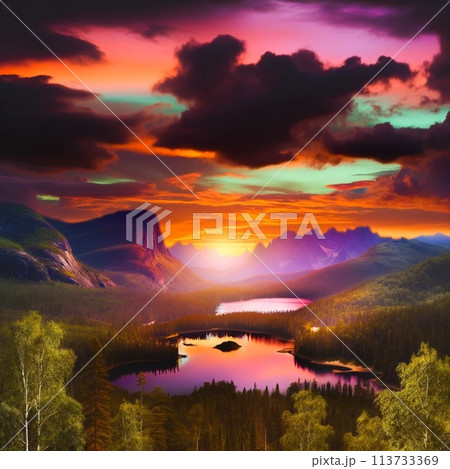 夕焼けに染まる荒野 113733369