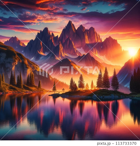 紅に染まる山脈と湖の饗宴 紅に染まる山脈と湖の饗宴 113733370