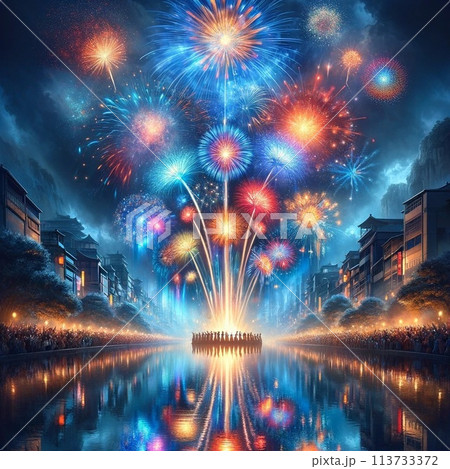 幻想的な夜空の花火大会のイラスト素材 [113733372] - PIXTA