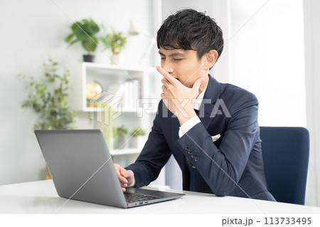 ノートパソコンで作業中にあくびをする男性ビジネスマン 113733495
