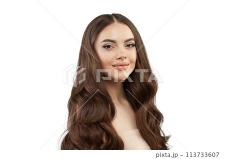 Cheerful young female model with healthy hair, makeup and shiny clear skin posing Cheerful young female model with healthy hair, makeup and shiny clear skin posing 113733607