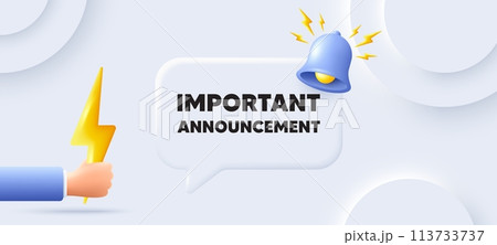 Important announcement tag. Neumorphic background with chat speech bubble. Special offer sign. Advertising discounts symbol. Important announcement speech message. Banner with energy. Vector Important announcement tag. Neumorphic background with chat speech bubble. Special offer sign. Advertising discounts symbol. Important announcement speech message. Banner with energy. Vector 113733737