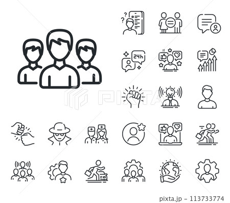 Users or Teamwork sign. Specialist, doctor and job competition outline icons. Group line icon. Male Person silhouette symbol. Group line sign. Avatar placeholder, spy headshot icon. Vector 113733774