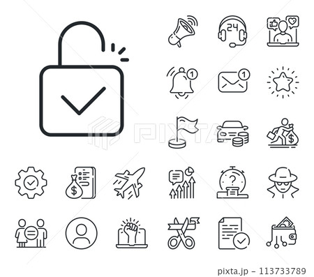 Padlock approved sign. Salaryman, gender equality and alert bell outline icons. Lock line icon. Security access symbol. Lock line sign. Spy or profile placeholder icon. Online support, strike. Vector Padlock approved sign. Salaryman, gender equality and alert bell outline icons. Lock line icon. Security access symbol. Lock line sign. Spy or profile placeholder icon. Online support, strike. Vector 113733789