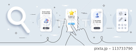 Equity, Corrupted file and Pencil line icons pack. Phone screen mockup with 3d star, alert and chat message. Saucepan, Continuing education, Shoulder strap web icon. Vector 113733790