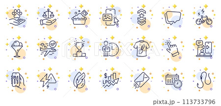 Outline set of Phone image, Cursor and Hook line icons for web app. Include Hypoallergenic tested, T-shirt design, Justice scales pictogram icons. Launder money, E-bike, Confirmed flight signs. Vector 113733796