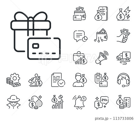 Bank card sign. Cash money, loan and mortgage outline icons. Gift card line icon. Present box symbol. Gift card line sign. Credit card, crypto wallet icon. Inflation, job salary. Vector 113733806