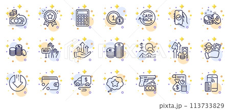 Outline set of Loyalty award, Check investment and Currency line icons for web app. Include Bitcoin, Bid offer, Cash transit pictogram icons. Contactless payment, Cashback, Accounting signs. Vector Outline set of Loyalty award, Check investment and Currency line icons for web app. Include Bitcoin, Bid offer, Cash transit pictogram icons. Contactless payment, Cashback, Accounting signs. Vector 113733829