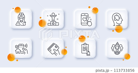 House security, Nurse and Mental conundrum line icons pack. 3d glass buttons with blurred circles. Clipboard, Heart rating, Clown web icon. Winner, Wallet pictogram. For web app, printing. Vector House security, Nurse and Mental conundrum line icons pack. 3d glass buttons with blurred circles. Clipboard, Heart rating, Clown web icon. Winner, Wallet pictogram. For web app, printing. Vector 113733856