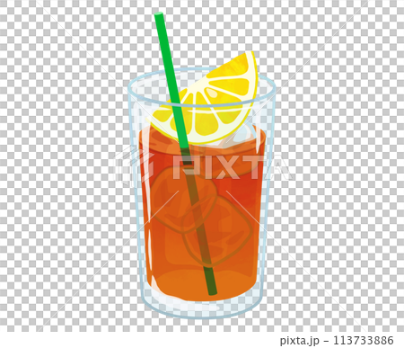 Iced lemon tea with a green straw 113733886