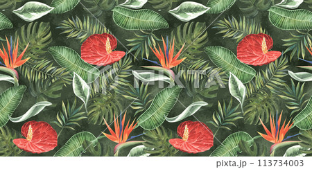 Anthurium and strelitzia seamless pattern. Large red, orange, pink, flowers and green leaves on white background. Square design for fabric, wallpaper, scrapbook, wrap, invitation cards. 113734003