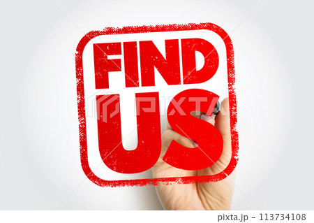 Find Us text stamp, concept background Find Us text stamp, concept background 113734108
