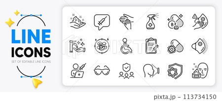 Washing hands, Vaccination appointment and Eyeglasses line icons set for app include Face id, Niacin vitamin, Coronavirus outline thin icon. People insurance, Dirty mask. Vector 113734150