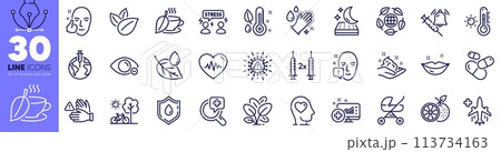 Mattress, Face attention and Medical flight line icons pack. Orange, Heartbeat, Myopia web icon. Blood donation, Skin care, Spinach pictogram. Medical analyzes, Bicycle, Vaccine announcement. Vector 113734163