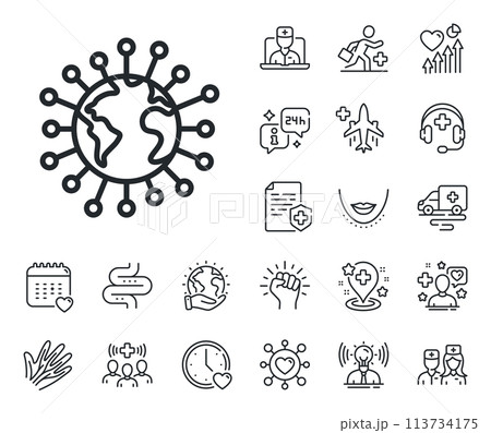 Covid-19 global virus sign. Online doctor, patient and medicine outline icons. Coronavirus pandemic line icon. Corona virus symbol. Coronavirus line sign. Vector 113734175
