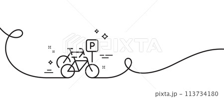 Bicycle parking line icon. Continuous one line with curl. City bike transport sign. Outdoor transportation symbol. Bicycle parking single outline ribbon. Loop curve pattern. Vector 113734180