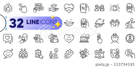 Outline set of Checklist, Lips and Bid offer line icons for web with Health eye, Safe water, People communication thin icon. Cyber attack, Online job, Dont touch pictogram icon. Vector 113734195