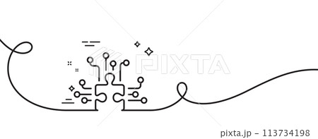 Puzzle with many options line icon. Continuous one line with curl. Decide Jigsaw sign. Business challenge symbol. Puzzle options single outline ribbon. Loop curve pattern. Vector 113734198