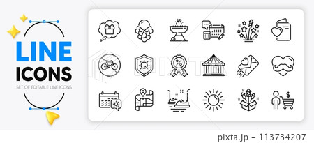 Map, Ice cream and Buyer line icons set for app include Fireworks stars, Account, Father day outline thin icon. Carousels, Bicycle prohibited, Fireworks rocket pictogram icon. Vector Map, Ice cream and Buyer line icons set for app include Fireworks stars, Account, Father day outline thin icon. Carousels, Bicycle prohibited, Fireworks rocket pictogram icon. Vector 113734207