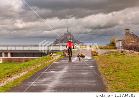A cyclist rides along a canal in the Normandy region. 113734303