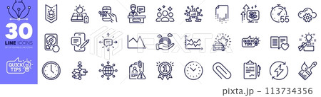 Love book, Squad and International globe line icons pack. Education idea, Time, Paper clip web icon. Creative idea, Brush, Clipboard pictogram. Car review, Line chart, Recovery hdd. Vector 113734356