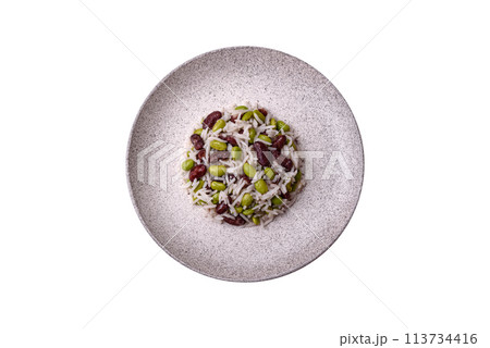 Delicious white cooked rice with green edamame beans with salt and spices Delicious white cooked rice with green edamame beans with salt and spices 113734416