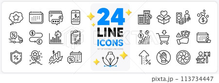 Icons set of Loyalty star, Mobile finance and Increasing percent line icons pack for app with Report timer, Checklist, Rise price thin outline icon. Accounting, Delivery discount. Vector 113734447