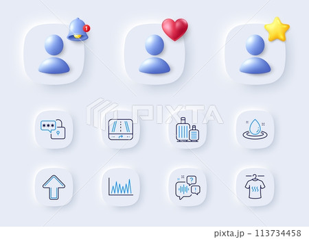 Voicemail, Baggage and Lock line icons. Placeholder with 3d bell, star, heart. Pack of Gps, Line graph, Dry t-shirt icon. Upload, Fuel energy pictogram. For web app, printing. Vector 113734458