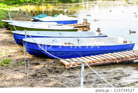 Plastic pleasure boats are moored on the shore of the lake 113734527