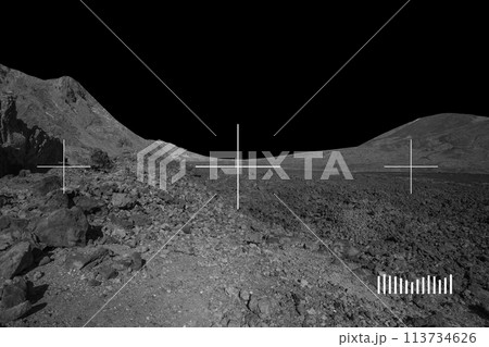 Black Lunar planet with rocky hills, mountains and sand. Moon. Black Lunar planet with rocky hills, mountains and sand. Moon. 113734626