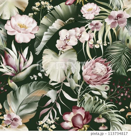 Floral tropical watercolor pattern. Seamless exotic print of Australian flower. Orchid, eucalyptus, protea and rose. Pink flowers and green leaf. Hawaiian design and jungle texture. Floral tropical watercolor pattern. Seamless exotic print of Australian flower. Orchid, eucalyptus, protea and rose. Pink flowers and green leaf. Hawaiian design and jungle texture. 113734817