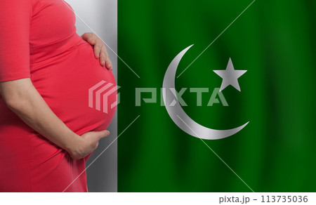 Pakistani pregnant woman belly on flag of Pakistan background 113735036