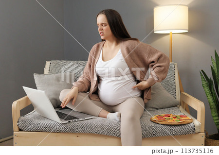 Dark haired Caucasian ill woman wearing casual clothing sitting at home in sofa and working online using laptop touching painful back suffering from pain after uncomfortable pose on couch Dark haired Caucasian ill woman wearing casual clothing sitting at home in sofa and working online using laptop touching painful back suffering from pain after uncomfortable pose on couch 113735116