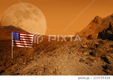 Desert planet with arid landscape background with USA flag. Elements of this image furnished by NASA Desert planet with arid landscape background with USA flag. Elements of this image furnished by NASA 113735328