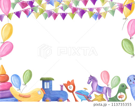Horizontal frame with kid wooden train, beanbag, spinning top, pyramid, plane. Colored balloons and flag garlands. Wooden toys. Watercolor illustration for kid birthday, party. Space for text. Horizontal frame with kid wooden train, beanbag, spinning top, pyramid, plane. Colored balloons and flag garlands. Wooden toys. Watercolor illustration for kid birthday, party. Space for text. 113735355