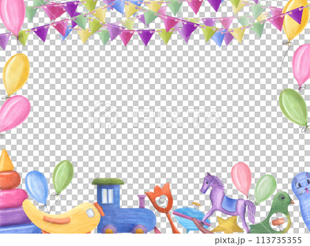 Horizontal frame with kid wooden train, beanbag, spinning top, pyramid, plane. Colored balloons and flag garlands. Wooden toys. Watercolor illustration for kid birthday, party. Space for text. 113735355