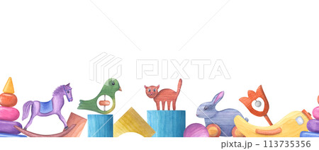 Rattle bird, cat, hare, pyramid, cubes, horse made of blocks. . Wooden elements made from building bricks. Wooden Toys. Seamless horizontal banner. Watercolor illustration for baby decor 113735356